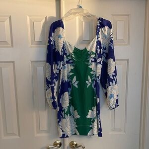 FARM Rio Blue and Green Floral Long Sleeve Dress